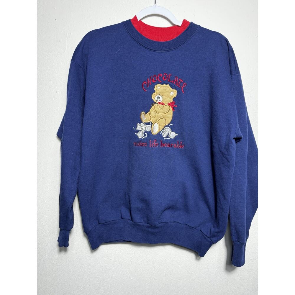 MC Energy Sportswear VTG Size L Bear Sweater Blue Chocolate Makes Life Bearable